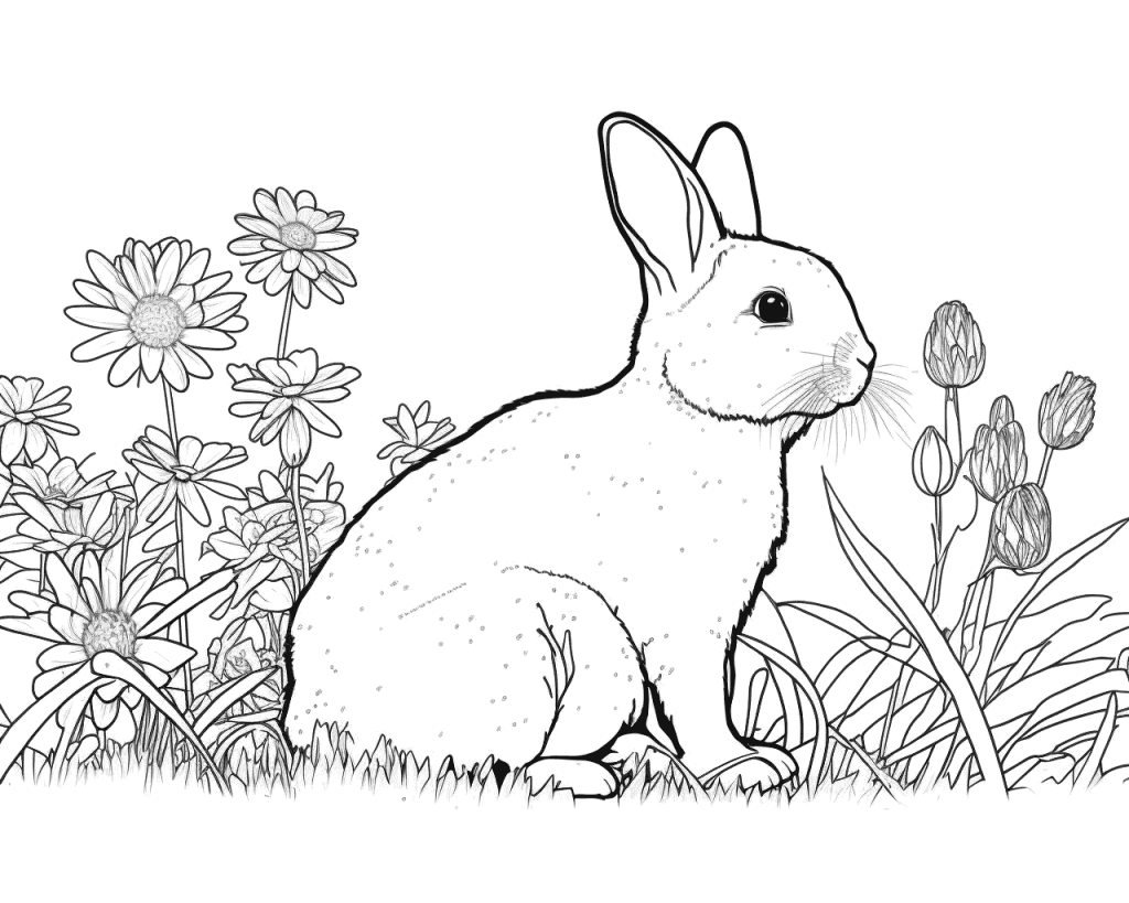 Színező egy oldalról látható nyúllal a fűben, margaréták és tulipánbimbók között